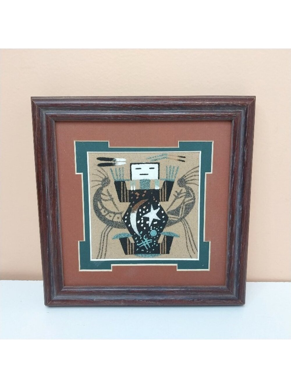 Navajo Sandpainting Signed Yazzie Rustic Wooden Frame 7" x 7" Kokopelli Kachina